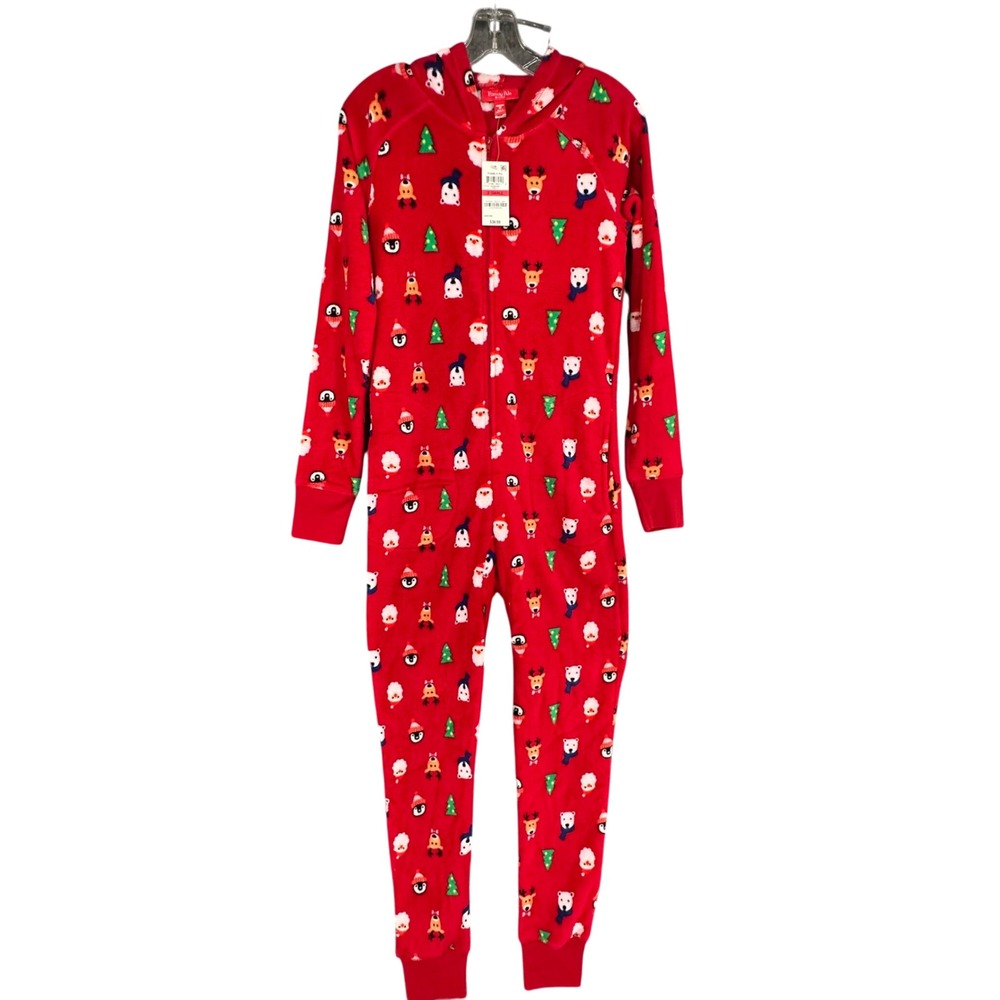 Family PJs Hooded One Piece Pajamas Womens XS Red New Holiday Santa Reindeer